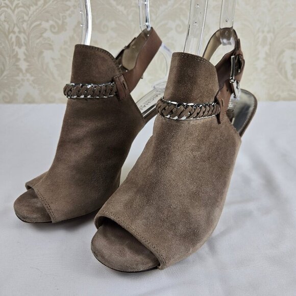 MICHAEL Michael Kors Size 8M Taupe Suede Leather Stiletto Peep Toe Booties Chain - Picture 1 of 16